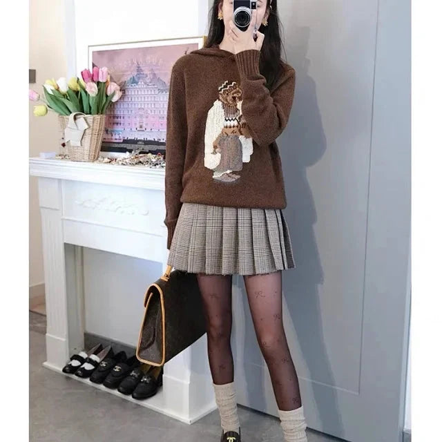 Brown Casual Bear Knit Hoodie