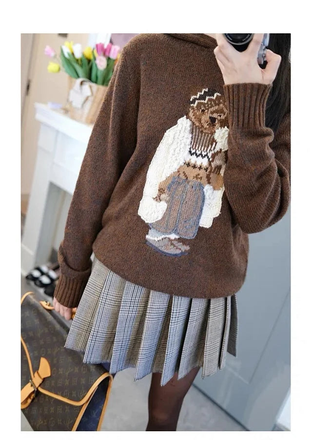 Brown Casual Bear Knit Hoodie