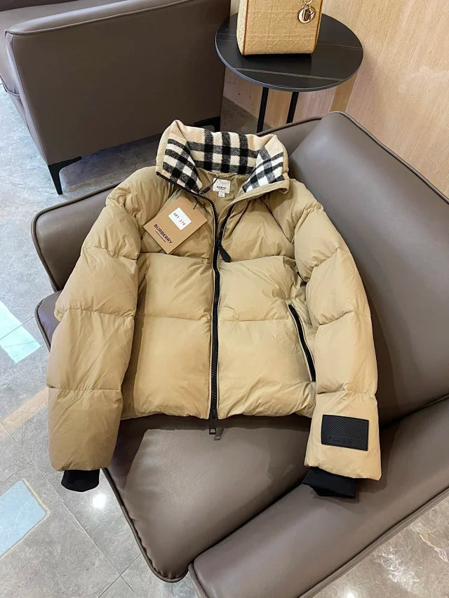 Puffer Jacket with Check Collar