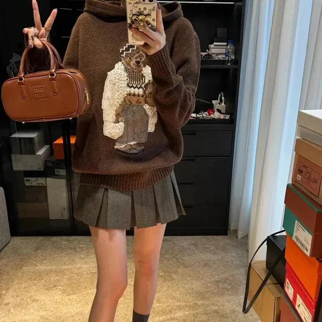 Brown Casual Bear Knit Hoodie