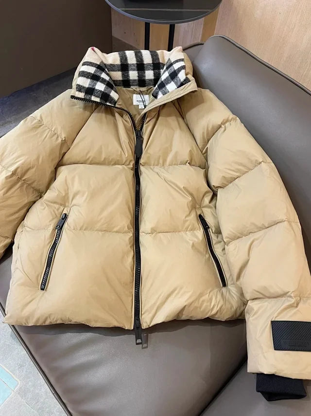 Puffer Jacket with Check Collar